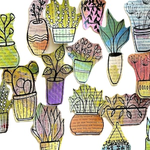 Houseplants Collage Fodder, Handmade Ephemera Cut Outs from painted book pages for Card Making, Art Journaling, Mixed Media (A39 hp)