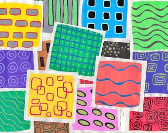 Paper Squares Collage Fodder, Small 3 inch Colorful Handmade Drawn cut-outs for Art Journaling, Mixed Media, Collage (A39 q2)