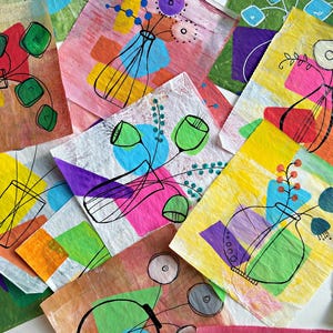 Carta da collage Retro Botanicals, carta da gastronomia leggera dipinta a mano con motivi floreali in colori vivaci per tecniche miste e decoupage (A35)