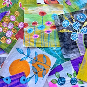 Paquets de papier pour collage botanique, motifs floraux peints à la main sur papier de charcuterie léger dans des couleurs vives pour art technique mixte, découpage (A28)