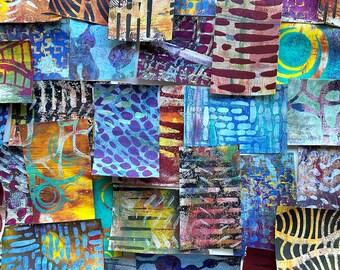 Mini Gelli Prints (2.5" x 4") 30 Pieces, One of a kind Collage Fodder