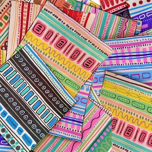 May include: A collection of square tiles featuring hand-drawn patterns with horizontal stripes, geometric shapes, and dots in vibrant colors including pink, blue, yellow, green, and black. Each tile displays a unique arrangement of lines and marks.