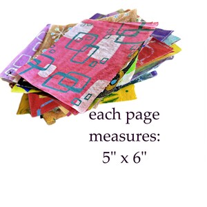 May include: A pile of colourful, patterned paper sheets. The sheets feature various designs in pink, purple, yellow, and blue. Each page measures 12.7cm x 15.2cm.