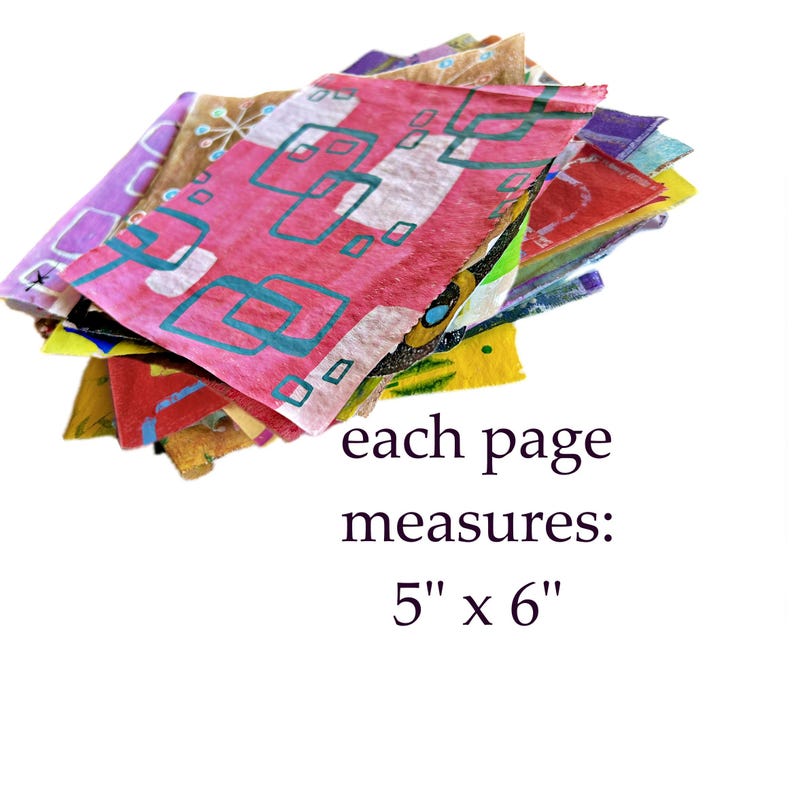 May include: A pile of colourful, patterned paper sheets. The sheets feature various designs in pink, purple, yellow, and blue. Each page measures 12.7cm x 15.2cm.