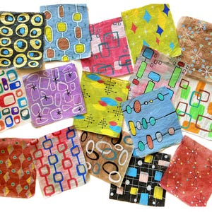 May include: A selection of square art pieces with mid-century modern designs. Each piece displays unique patterns with geometric shapes, lines, and dots in various colours, including blue, red, green, and yellow. The art pieces are arranged on a white surface.