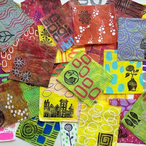 Impressions Gelli sur papier de charcuterie, papier peint collage, peint à la main sur du papier léger pour l'art technique mixte (A43)