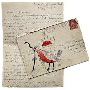 Arte postal de 1930, sobre de pájaro de arte popular, carta manuscrita con hermosa caligrafía, con matasellos y sello, de Oklahoma Vintage Ephemera