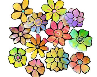 Flowers (2") Colorful Collage Fodder Handmade from Paper and Acrylic Paint for Art Journaling, Mixed Media Art, Card Making, etc (A39 22)