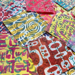 Impressions gelli sur papier de charcuterie, motifs en couches, papier de collage peint à la main, papier artistique léger pour revues d'art techniques mixtes, etc. (A52 b)