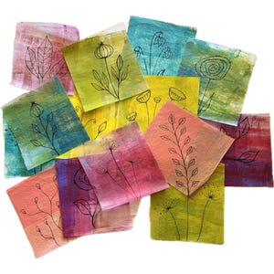 Botanische collagepapierverpakkingen, handgeschilderd lichtgewicht delipapier bloemmotieven in felle kleuren voor mixed mediakunst, decoupage (A56)