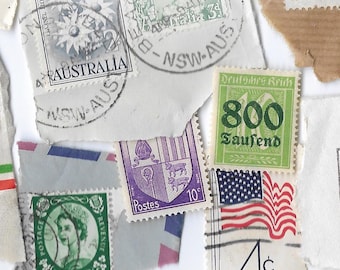 Vintage Postage Stamps, 45 Pieces, Mailed International Ephemera for Mixed Media Art, Collage, Junk Journals, Card Making