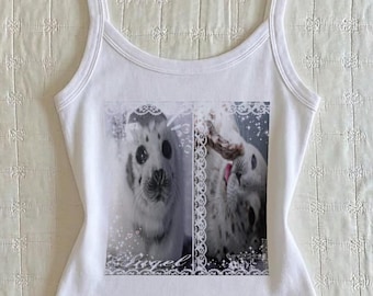 cute y2k kawaii seals tank top, cutecore goth dark coquette seal tee, silly seal shirt, harajuku harp seals retro lolita seal baby tank top