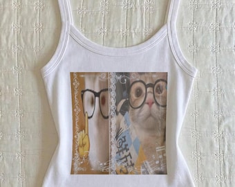 y2k kitten nerd coquette tank top, y2k heisei retro cat cami cute japanese inspired harajuku cat 2000s emoticon silly cat aesthetic tank top
