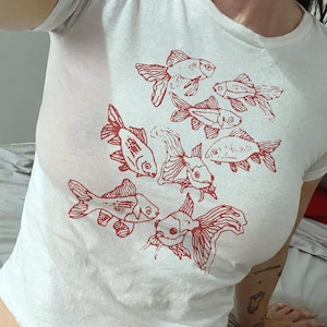 Goldfish Baby Tee, Y2K Fish Baby Tee, 90s Aesthetic Vintage Y2K Fishy Mermaid Baby Tee Retro Coquette Beachy Trendy Top, Coastal Fish Shirt