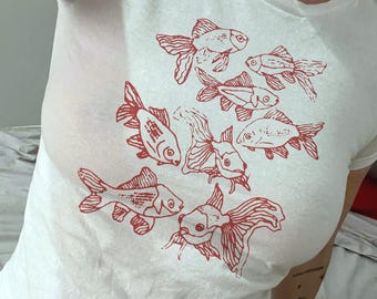Goldfish Baby Tee, Y2K Fish Baby Tee, 90s Aesthetic Vintage Y2K Fishy Mermaid Baby Tee Retro Coquette Beachy Trendy Top, Coastal Fish Shirt