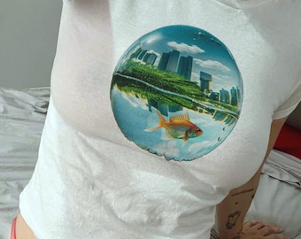 Goldfish Frutiger Aero Baby Tee, Y2K Frutiger Aero 2000s Baby Tee Shirt, Vintage Y2K Fish Top, Frutiger Aero Aesthetic Weirdcore Nostalgia