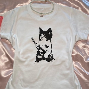 Rockstar Kitten Y2K Baby Tee 90s Estetyczny Vintage Kitten Baby Tee, Rockstar Gf Estetyczny Cat Baby Tee, Retro Grunge Coquette Cat Trendy Top