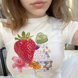 Y2K Strawberry Baby Tee 90s Fun Kawaii Aesthetic TShirt, Harajuku Trashy Y2K Tee, Silly Kidcore Shirt Trendy, Funny Y2K Kidcore Harajuku Top