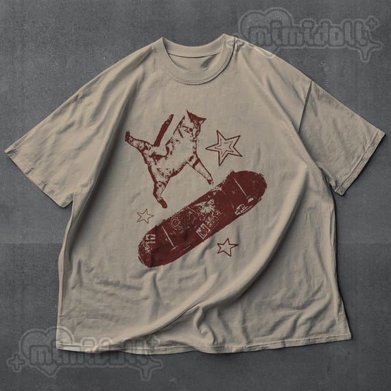 skateboard cat Y2K shirt 90s aesthetic vintage kitten Y2K tshirt, rockstar gf aesthetic cat tee, retro grunge coquette skater mori kei top