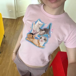 Peut inclure: Un t-shirt rose avec un motif de quatre chatons qui jouent. Les chatons sont blancs, gris et orange. Le t-shirt est de coupe courte.