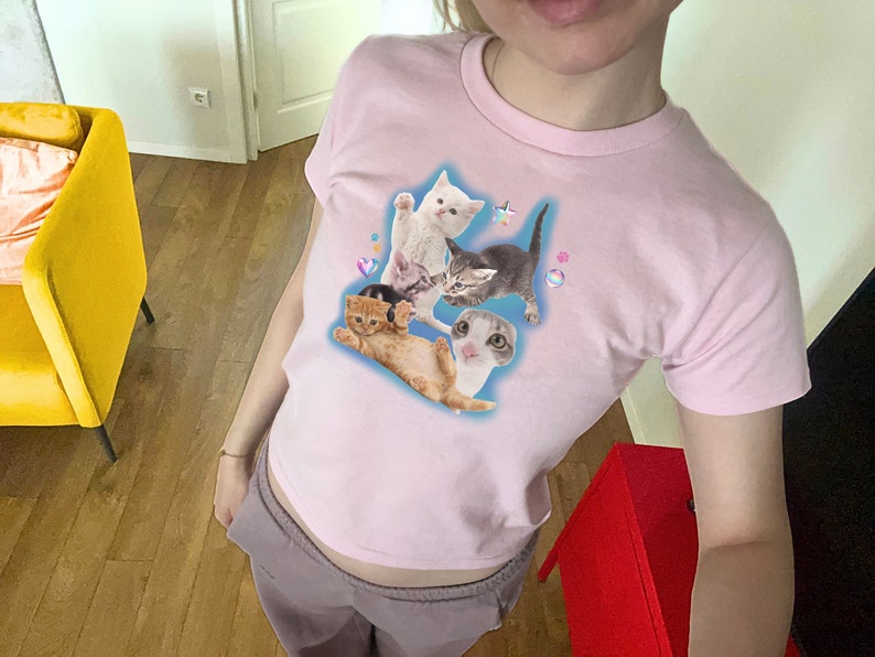 Peut inclure: Un t-shirt rose avec un motif de quatre chatons qui jouent. Les chatons sont blancs, gris et orange. Le t-shirt est de coupe courte.