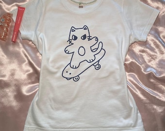 Katzen Grafik Y2K Baby T-Shirt, 90er Jahre Vintage Kätzchen Skater Shirt, Dumme Katzen Ästhetische Katze Punk T-Shirt, Retro Grunge Kokette Katze Trendy Top
