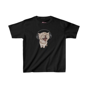 Y2K Headphones Cat Baby Tee 90s Kitten Baby Tee Silly Cat Meme Shirt, Cat with Headphones Trendy Top Pinterest Aesthetic, Funny Cat Baby Tee Black