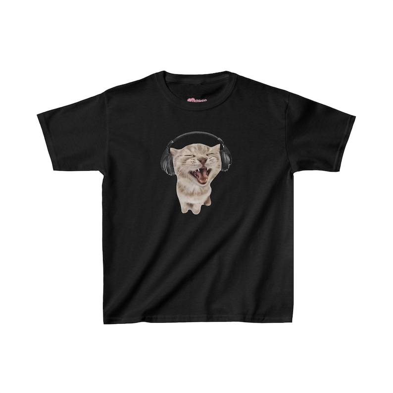 Y2K Headphones Cat Baby Tee 90s Kitten Baby Tee Silly Cat Meme Shirt, Cat with Headphones Trendy Top Pinterest Aesthetic, Funny Cat Baby Tee Black