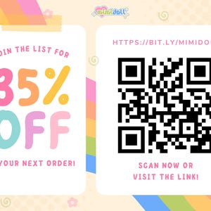 May include: A promotional graphic with a rainbow background. It features text offering 35% off on the next order. A QR code is displayed next to the text "Scan now or visit the link!" The brand name "mimidoll" is at the top.