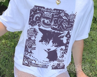 日本の猫柄Y2Kシャツ、90年代原宿系日本のヴィンテージTシャツ、少女Y2KヴィンテージTシャツ、かわいい猫柄Y2K Tシャツ、コケットジャパントップ