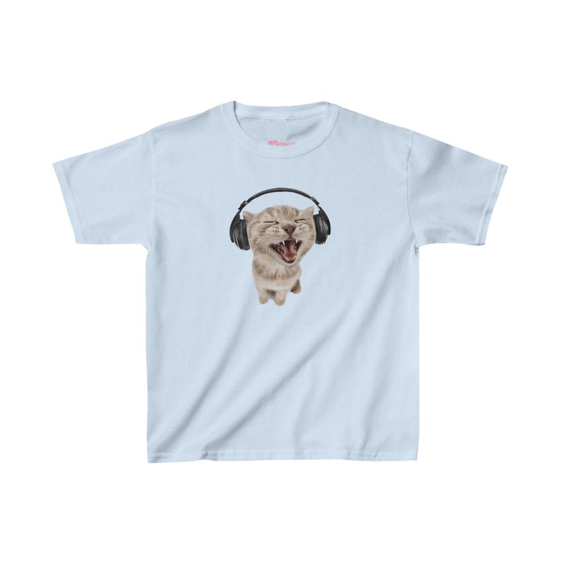 Y2K Headphones Cat Baby Tee 90s Kitten Baby Tee Silly Cat Meme Shirt, Cat with Headphones Trendy Top Pinterest Aesthetic, Funny Cat Baby Tee Light Blue