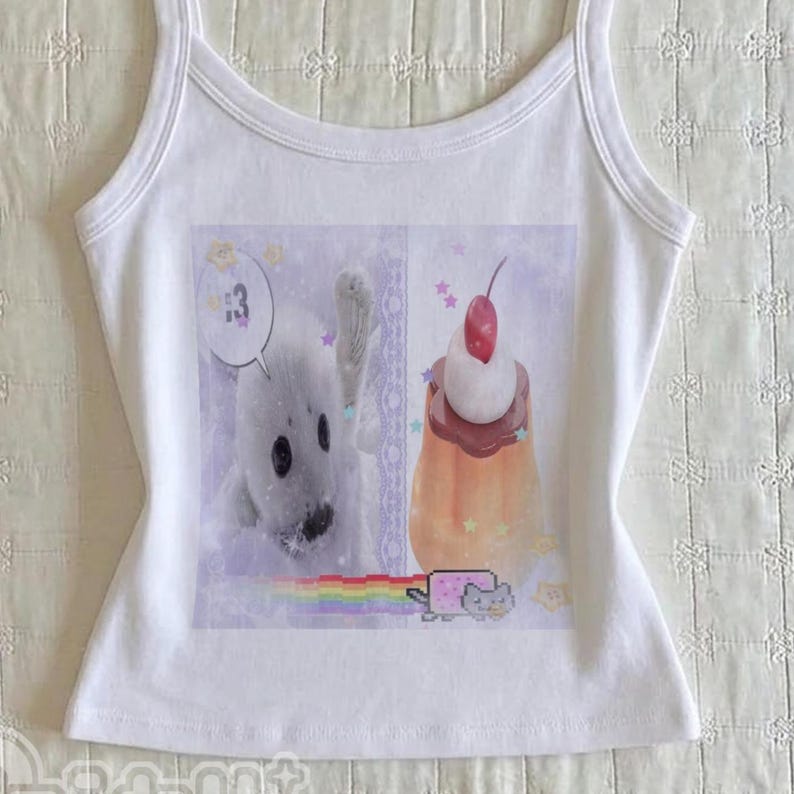 cute y2k kawaii seals tank top, heisei retro pastel coquette seal tee, y2k harp silly seal spaghetti strap shirt, harajuku yume kawaii tee image 3
