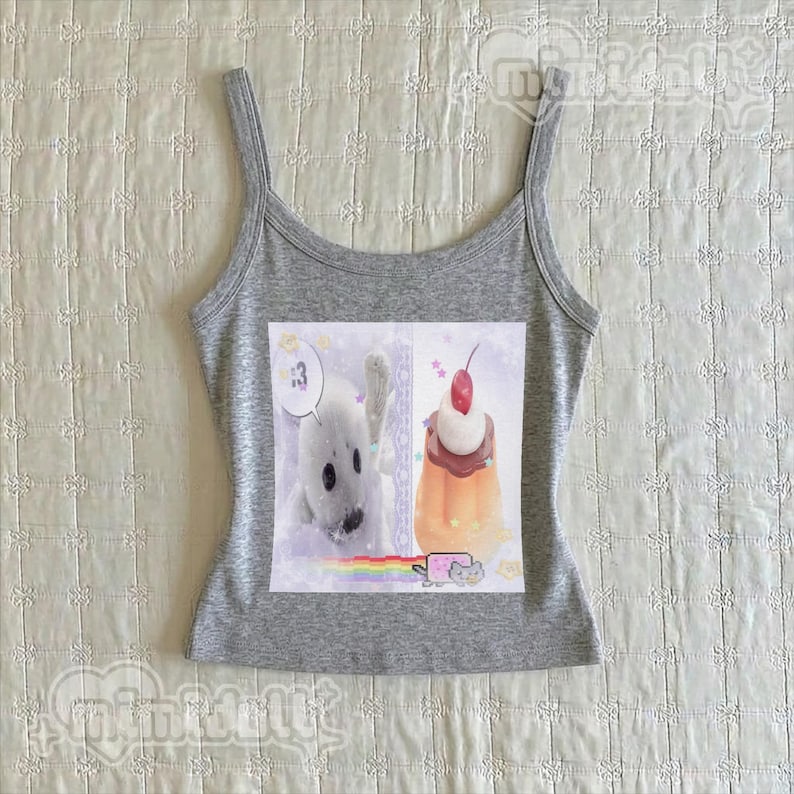 cute y2k kawaii seals tank top, heisei retro pastel coquette seal tee, y2k harp silly seal spaghetti strap shirt, harajuku yume kawaii tee Athletic Heather
