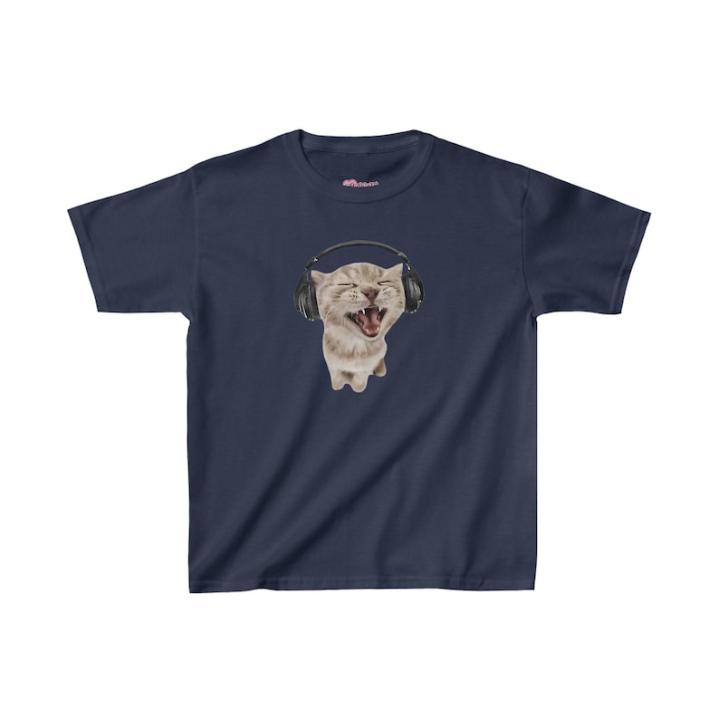 Y2K Headphones Cat Baby Tee 90s Kitten Baby Tee Silly Cat Meme Shirt, Cat with Headphones Trendy Top Pinterest Aesthetic, Funny Cat Baby Tee Navy