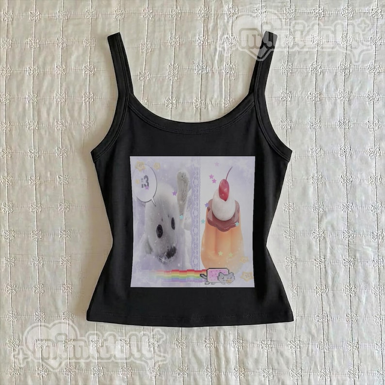 cute y2k kawaii seals tank top, heisei retro pastel coquette seal tee, y2k harp silly seal spaghetti strap shirt, harajuku yume kawaii tee Solid Black Blend