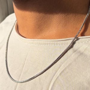 May include: A silver-toned snake chain necklace with a smooth, rounded profile and a polished metallic finish. The chain rests against the neck, featuring a continuous, tightly linked design that creates a sleek and uniform appearance throughout.