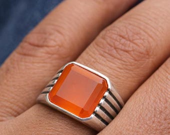 Men's Carnelian Gemstone Ring, 925 Sterling Silver Ring, Handmade Statement Jewelry