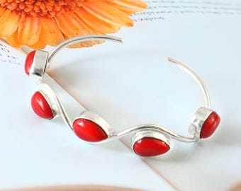 Red Coral Sterling Silver Bangle, Adjustable Cuff, Handmade