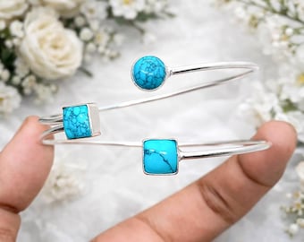 Bracelete ajustável artesanal em prata de lei com turquesa.