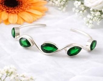 Emerald Quartz Gemstone Bangle, Sterling Silver Cuff Bangle, Handmade Emerald Silver Bracelet, 5 Gemstone Adjustable Bangle, Gift For Her