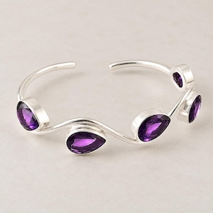 Handmade 925 Sterling Silver Amethyst Bangle, Adjustable Cuff Bangle For Her