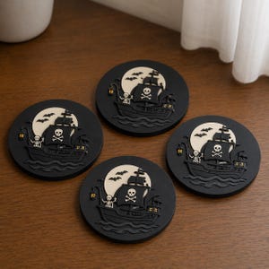 4 stuks spookachtige piratenschiponderzetters, 3D-geprinte skelettafeldecoratie, gotische volle maan drankonderzetters set, griezelige Halloween woonaccessoires