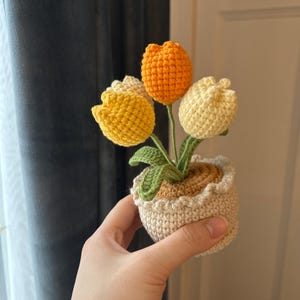 May include: A crocheted tulip arrangement in a small pot. The flowers are yellow, orange, and cream-colored, with green leaves. The pot is beige with a ruffled edge. The arrangement is held in a hand.