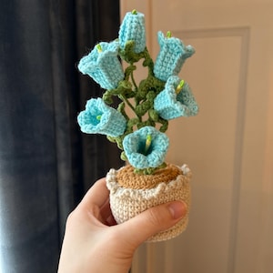 May include: A handmade crochet flower arrangement featuring light blue bell-shaped flowers with green stems and leaves. The flowers are in a beige pot with a ruffled edge. The arrangement is held in a hand.