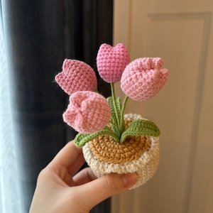 May include: A handmade crochet tulip arrangement in a small pot. The tulips are various shades of pink, with green stems and leaves. The pot is beige and tan. The craftwork is held in a hand.