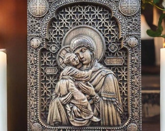 Virgin Mary Christian Orthodox Icon Mother of God of Volodymyr Holy Mother Wooden Icon Sacral Art Religious Gift Orthodox Catholic Wall Art
