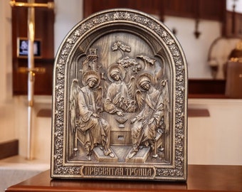 Icon Holy Trinity Hand made Ikonen Icoon Ikone Perfect Present Religious Picture Holy Trinity Wooden Carved Icon The Trinity Orthodox Icon