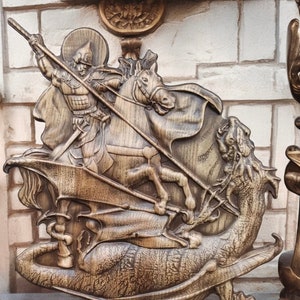 Saint George and the Dracon Wood Carved Icon of Saint George the Victorious Wooden Carved Icon Christian Icon Saint George Wooden Statue