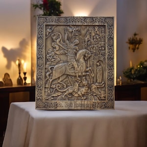 Saint George Holz geschnitzte Ikone des siegreichen Hölzernen Ikonengeschenks für Familie geschnitzte hölzerne christliche Ikone Heiliger Georg und die Draconikone