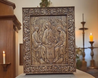 Icon The Holy Trinity Orthodox Icon Wood Religious Picture Wedding Gift Baptism Gift Communion Gift Carved Wooden Icon of the Holy Trinity